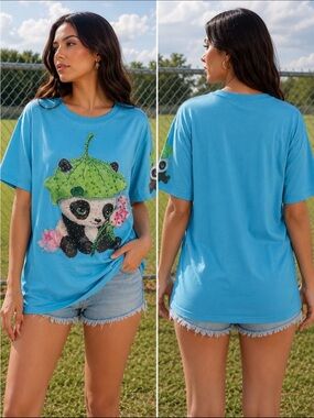 Bejeweled Panda Graphic Tee in Bright Blue